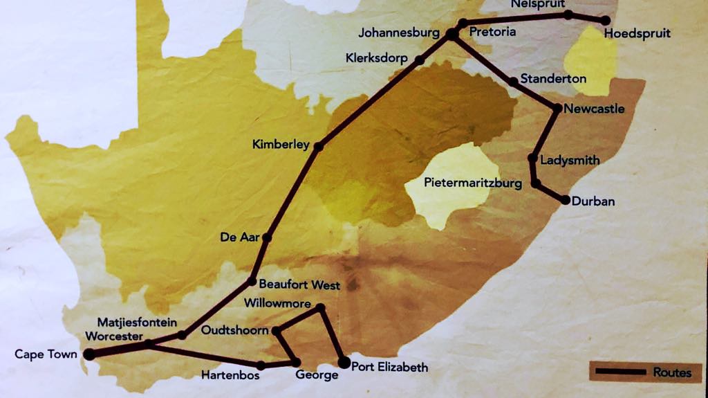Togets rute tværs over Sydafrika